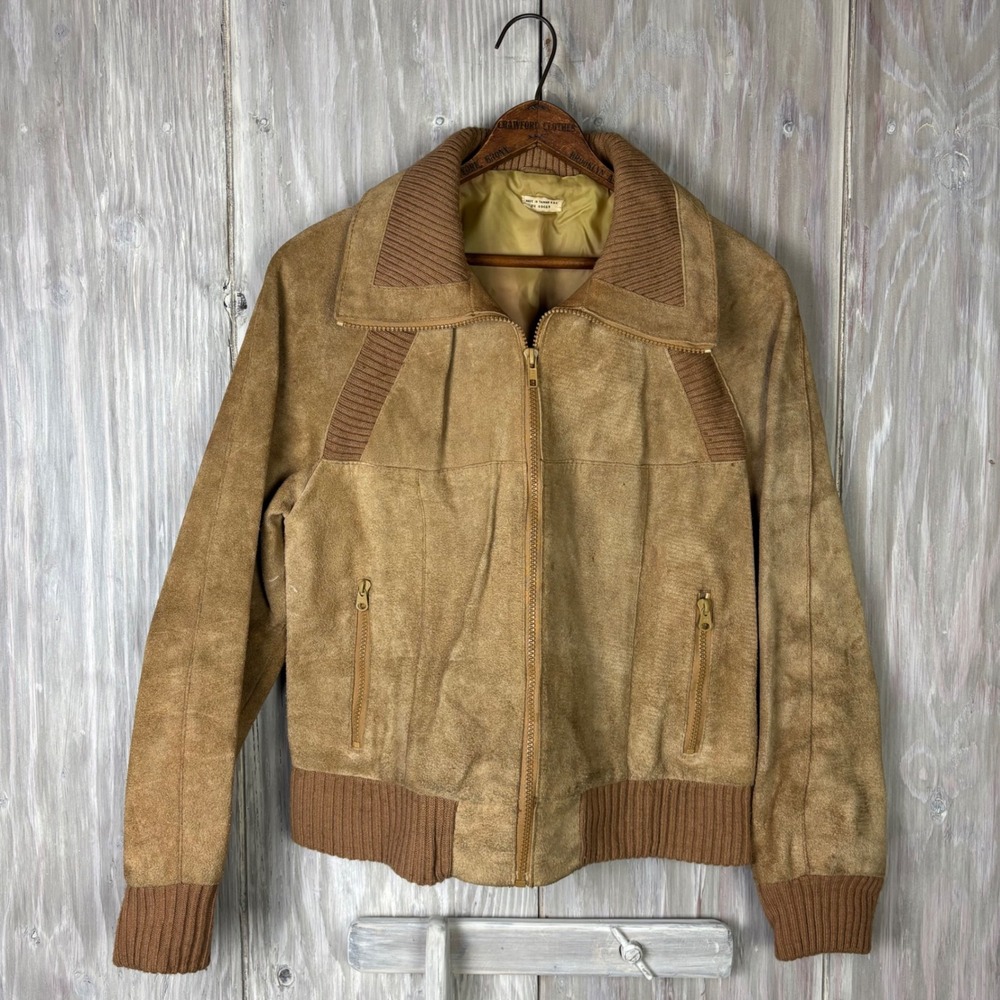 VTG Sears‎ Suede Bomber Jacket Mens 70s Leather Ribbed Collar Cuffs DISTRESSED